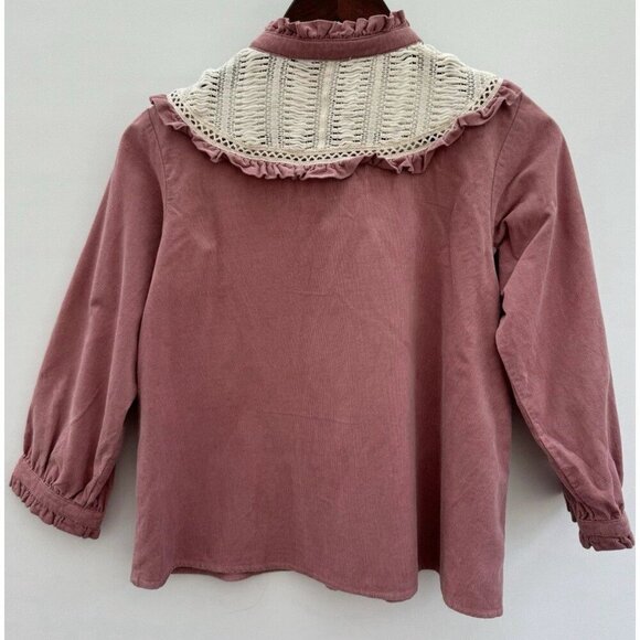 Zara Boho Dusty Pink 3/4 sleeve Corduroy crochet Ruffles Cotton Top XS - Picture 9 of 9